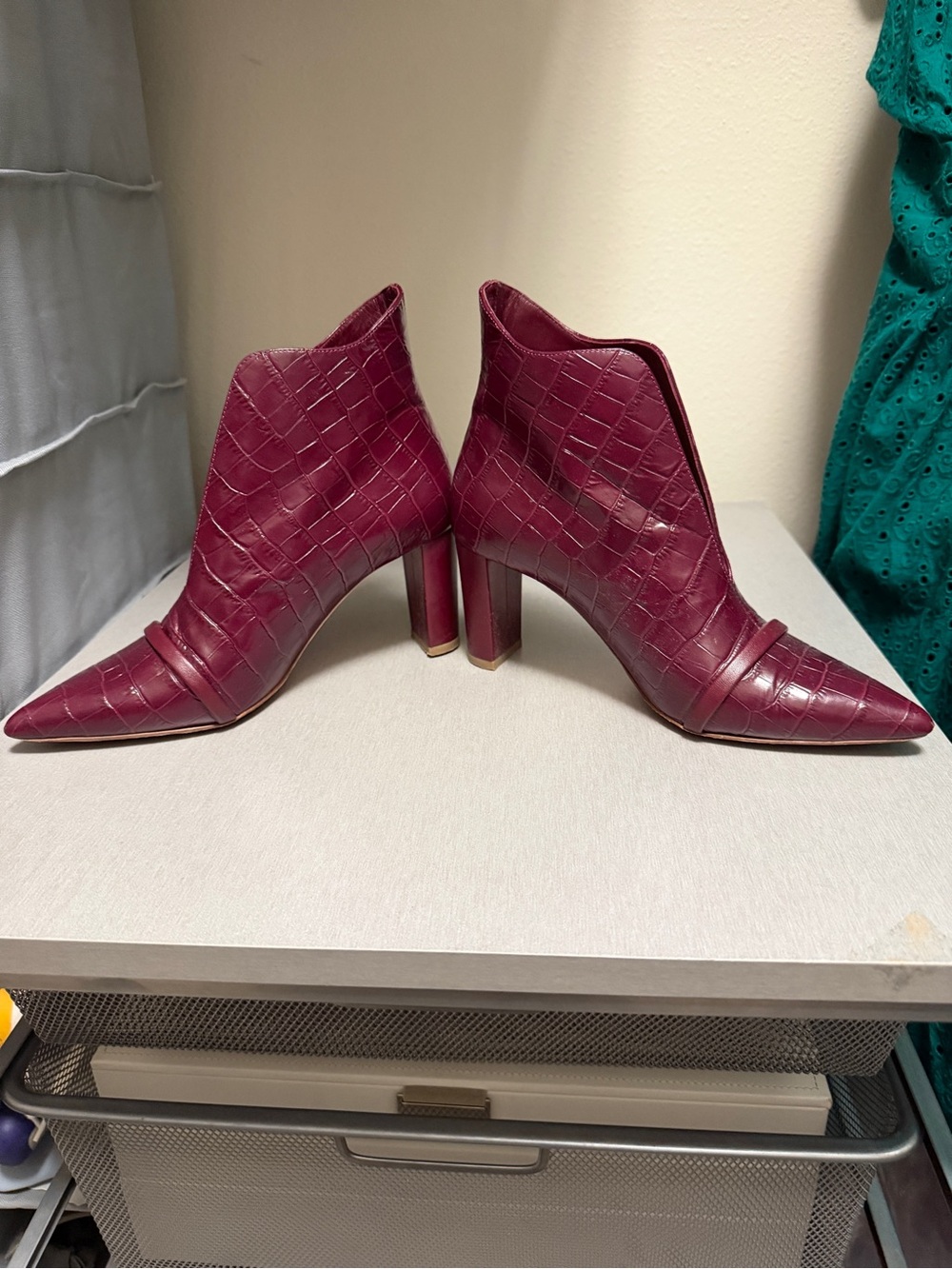 Malone Souliers Burgundy Croc-Embossed Pointed Ankle Boots